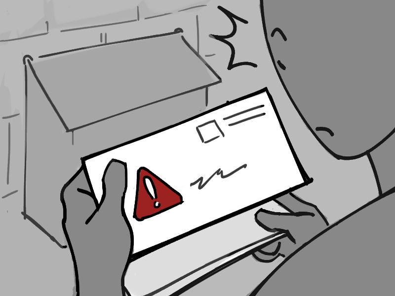 Drawing of a member looking at an envelope with a warning symbol on it.